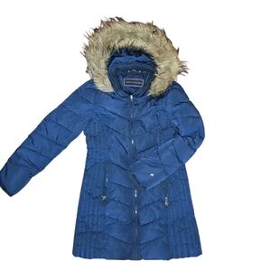 Tommy Hilfiger Blue Winter Coat with Fur-Trimmed Hood